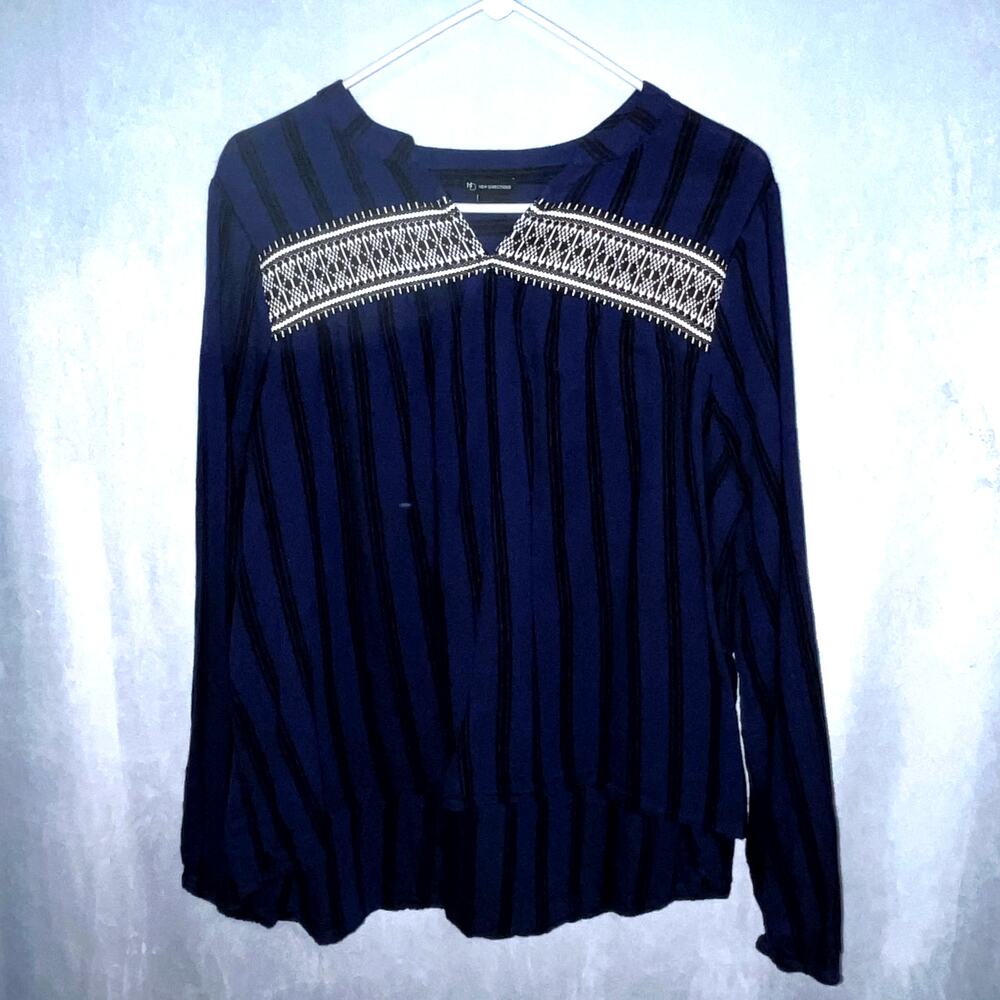 New Directions Blue Black Striped Aztec V-Neck Long Sleeve Shirt XL